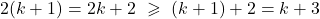 \[2(k+1) = 2k + 2 \ \geqslant \ (k+1) + 2 = k + 3\]