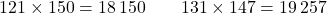 \[121 \times 150 = 18\,150 \qquad 131 \times 147 = 19\,257\]