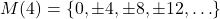 \[M(4) = \{0, \pm 4, \pm 8, \pm 12, \ldots\}\]