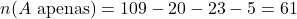 n(A \text{ apenas}) = 109 - 20 - 23 - 5 = 61