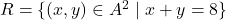 R = \{(x, y) \in A^2 \mid x + y = 8\}