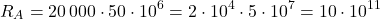 \[R_A = 20\,000 \cdot 50 \cdot 10^6 = 2 \cdot 10^4 \cdot 5 \cdot 10^7 = 10 \cdot 10^{11}\]
