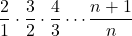 \[\frac{2}{1} \cdot \frac{3}{2} \cdot \frac{4}{3} \cdots \frac{n+1}{n}\]