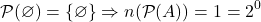 \[\mathcal{P}(\varnothing) = \{\varnothing\} \Rightarrow n(\mathcal{P}(A)) = 1 = 2^0\]
