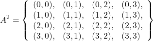 \[A^2 = \left\{\begin{array}{llll} (0,0), & (0,1), & (0,2), & (0,3), \\ (1,0), & (1,1), & (1,2), & (1,3), \\ (2,0), & (2,1), & (2,2), & (2,3), \\ (3,0), & (3,1), & (3,2), & (3,3) \end{array}\right\}\]